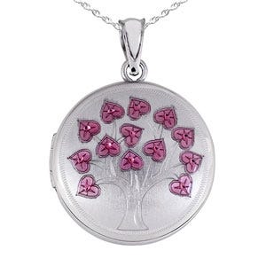 Sterling Silver Pink Enameled Flowers Round Photo Locket