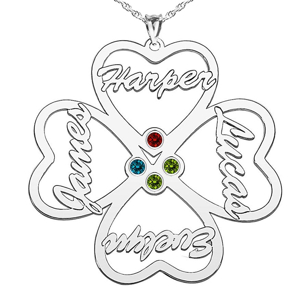 Personalized Heart Cut-Out with Pendant With Four Birthstones & Names- Includes 18 Inch Chain