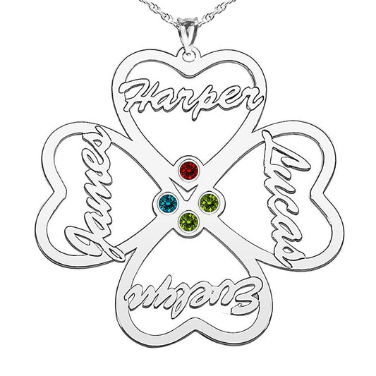 Personalized Heart Cut-Out with Pendant With Four Birthstones & Names- Includes 18 Inch Chain