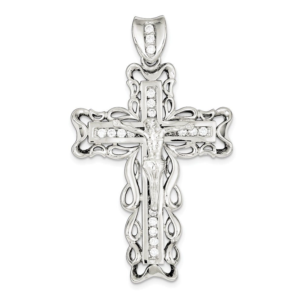Sterling Silver Rhodium-plated CZ Crucifix Pendant