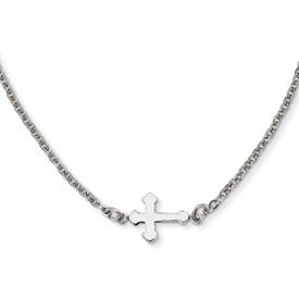 Stainless Steel Polished Sideways Cross 18in Necklace