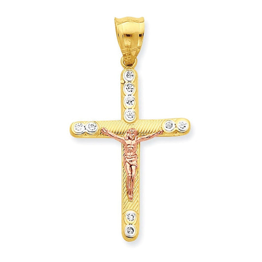 10k Two-tone CZ Crucifix Pendant