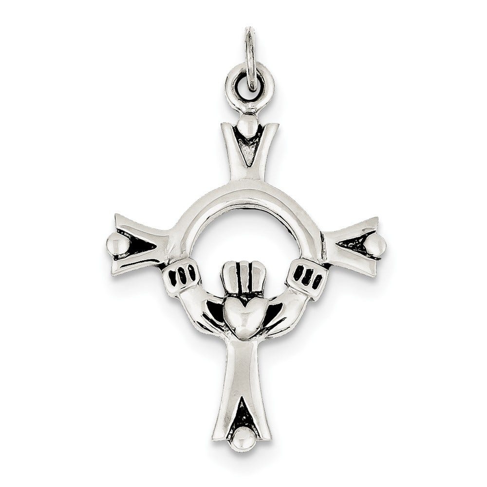 Sterling Silver Antiqued Claddagh Cross Charm