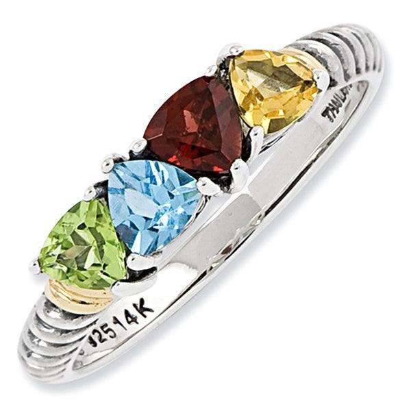 Sterling Silver & 14k Gold Antiqued Mother's Ring w/ Four Trillion Birthstones