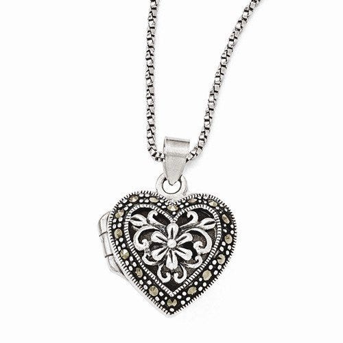 Sterling Silver Marcasite Heart Photo Locket w/ 18" Chain Necklace
