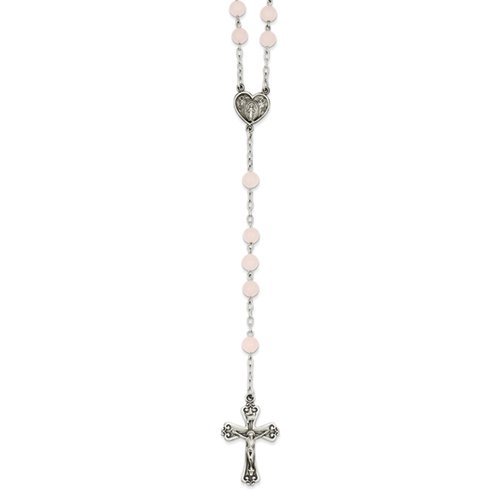 Sterling Silver Rose Quartz Rosary Necklace /with Heart Shaped Miraculous Medal