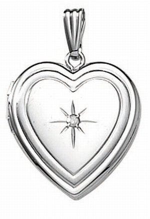14k White Gold Heart Photo Locket with Diamond
