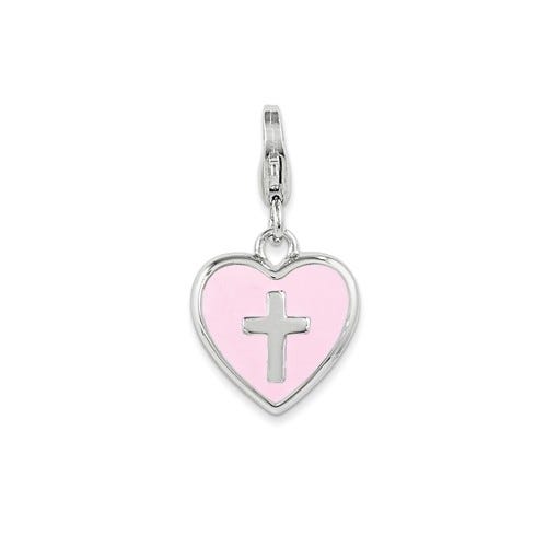 Sterling Silver Enameled Heart with Cross w/Lobster Clasp Charm