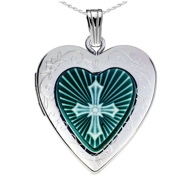 Sterling Silver Green Cross Cameo Heart Photo Locket