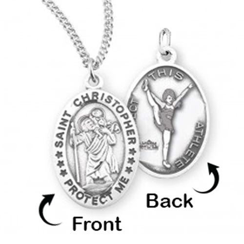 Sterling Silver Saint Christopher Double Sided Female Cheerleader Oval Religious Medal w/ Chain