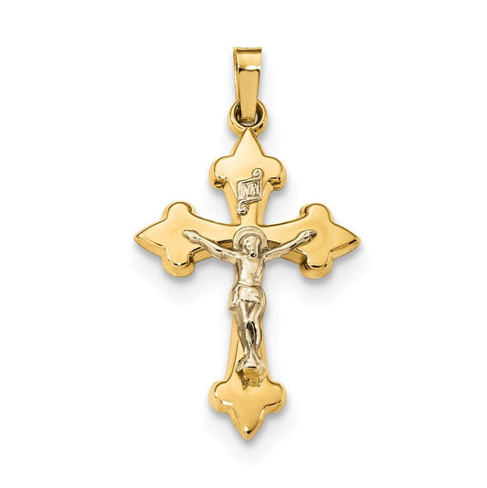 14k Two-tone Polished Fleur de Lis INRI Crucifix Pendant