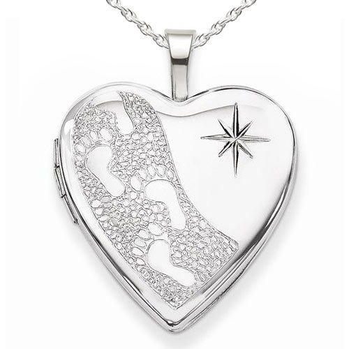 Sterling Silver Footprints with Starburst Heart Photo Locket