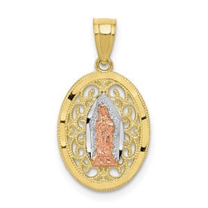 10K Tri-Color Gold Our Lady Of Guadalupe Milgrain Oval Cut-out Religious Medal