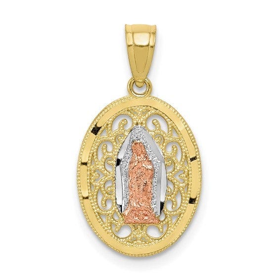 10K Tri-Color Gold Our Lady Of Guadalupe Milgrain Oval Cut-out Religious Medal