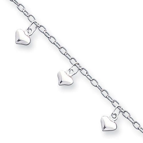 Sterling Silver 9 inch Polished Puffed Heart Anklet