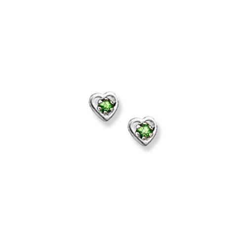 14K  White Gold Child's Genuine Emerald Heart Birthstone Earrings