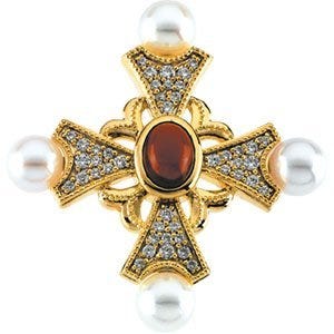 DIAMOND,GENUINE GARNET CAB AND CULTURED PEARL CROS
