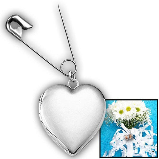 Sterling Silver Wedding Bouquet Heart Photo Locket With Safety Pin - 3/4 inch x 3/4 inch
