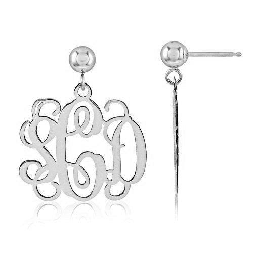 14K White Gold Outlined Monogram Vine Script Post Dangle Earrings