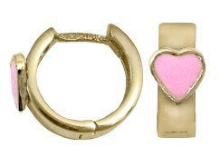 14K  Yellow Gold Children's "Heart" Huggie Earrings with Pink Enamel