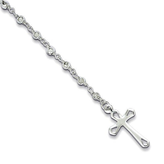 Sterling Silver & Freshwater Cultured Pearl Rosary Cross Bracelet - 7.5 Inch Sterling Silver Rosary Bracelet