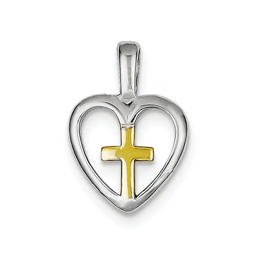 Sterling Silver Rhodium-platedVermeil Cross Heart Pendant