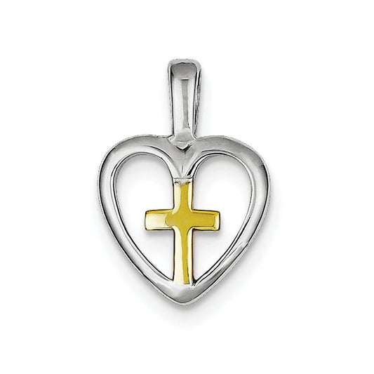 Sterling Silver Rhodium-platedVermeil Cross Heart Pendant