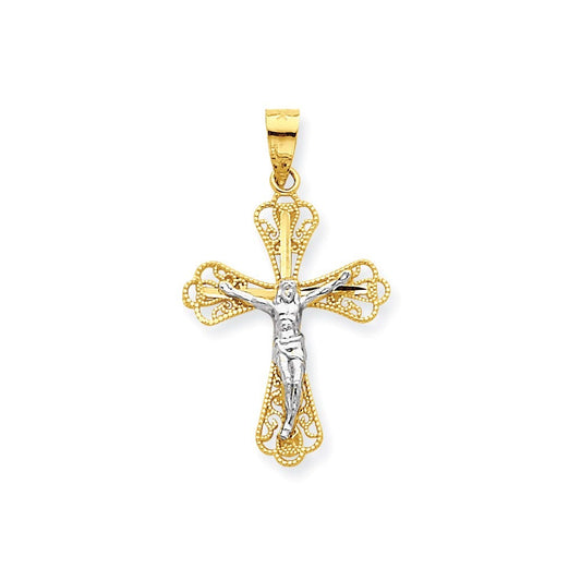 10k & Rhodium Filigree Crucifix Pendant