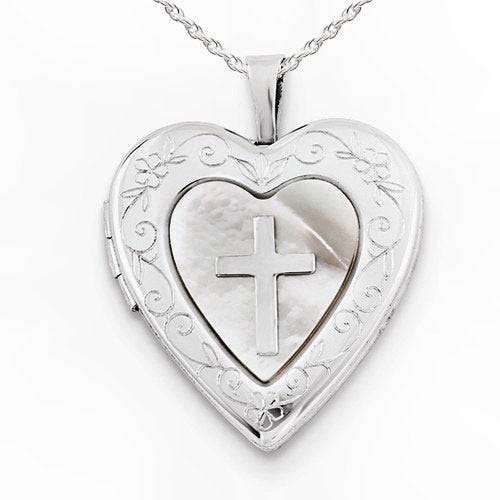 Sterling Silver Mother of Pearl Cross Heart Photo Locket