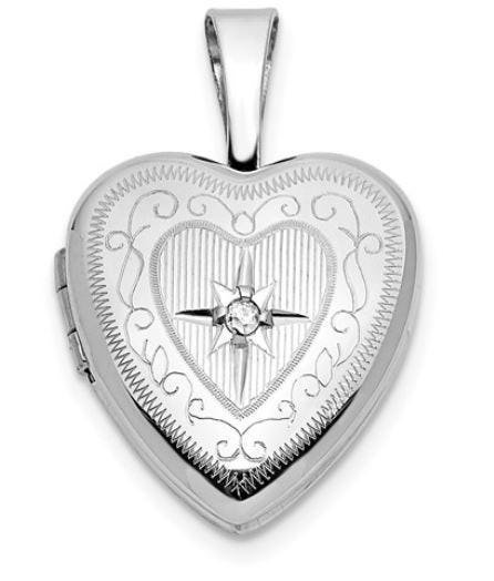 14K White Gold Small Heart Photo Locket with Diamond