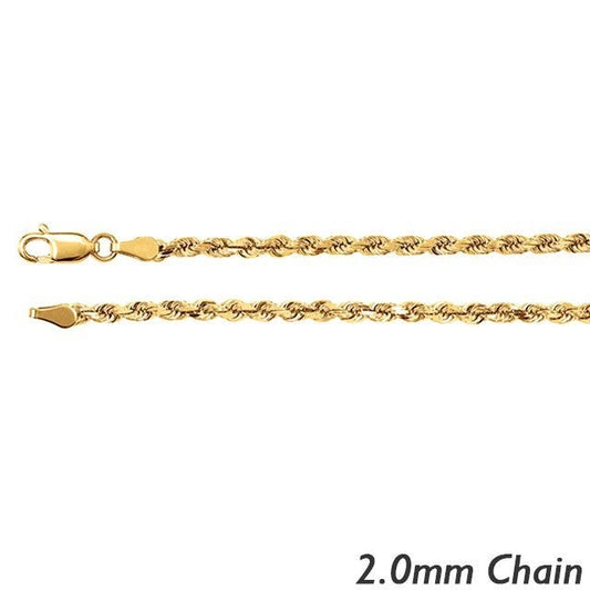 14K Yellow Gold 2.0mm  Diamond Cut Round Rope Chain