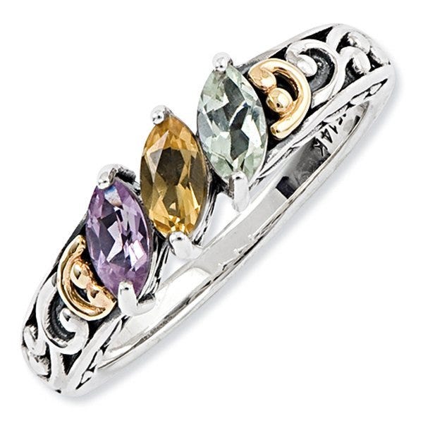 Sterling Silver & 14k Three-stone  Antiqued Mother's Ring
