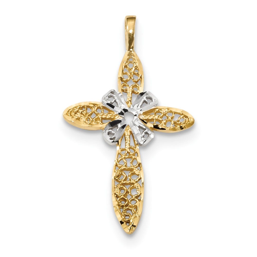 14k w/White Rhodium Polished Filigree Cross Pendant