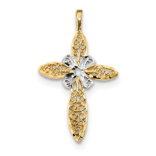14k w/White Rhodium Polished Filigree Cross Pendant