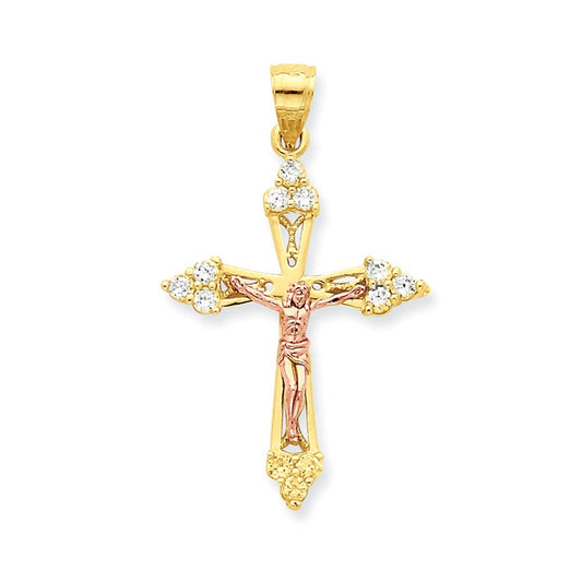 10k Two-tone CZ Crucifix Pendant