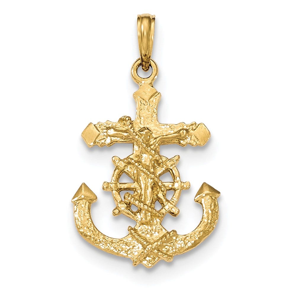 14K Polished & Textured 2-D Mariners Crucifix Rope/Wheel Pendant