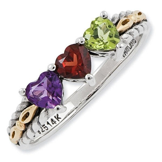 Sterling Silver & 14k Gold Antiqued Mothers Ring w/ Three Heart Stones