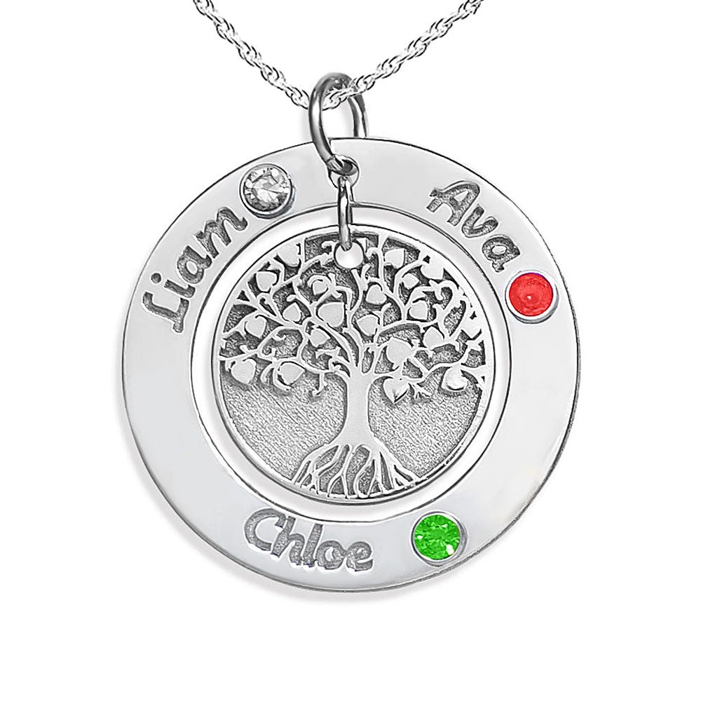 Personalized Round Family Tree Pendant with Three Birthstones & Names- Includes 18 Inch Chain