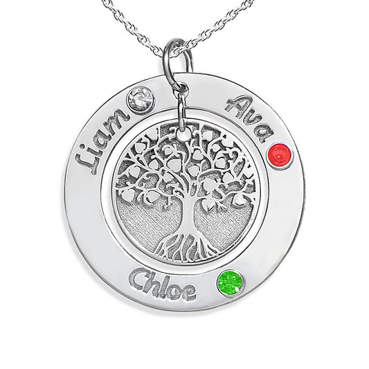 Personalized Round Family Tree Pendant with Three Birthstones & Names- Includes 18 Inch Chain