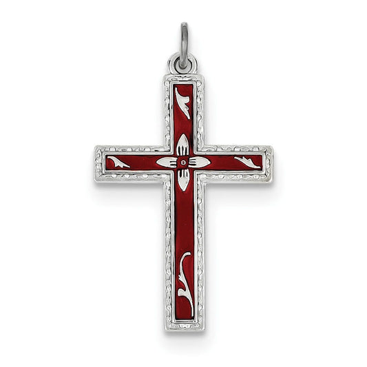 Sterling Silver Rhodium-plated Red Enameled Cross Pendant