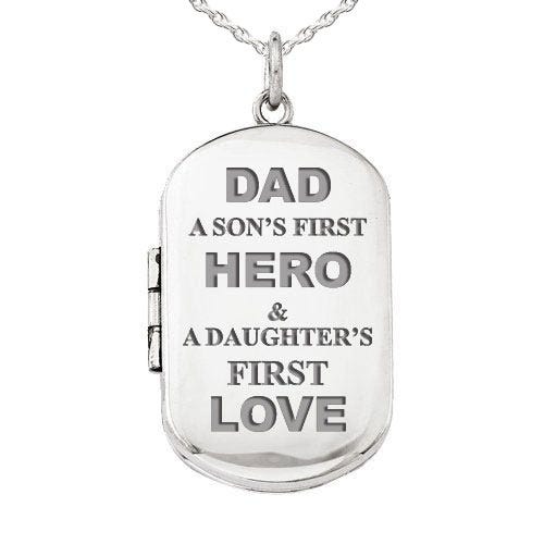 Sterling Silver Dad Son's First Hero and Daughter"s First Love Dog Tag Photo Locket