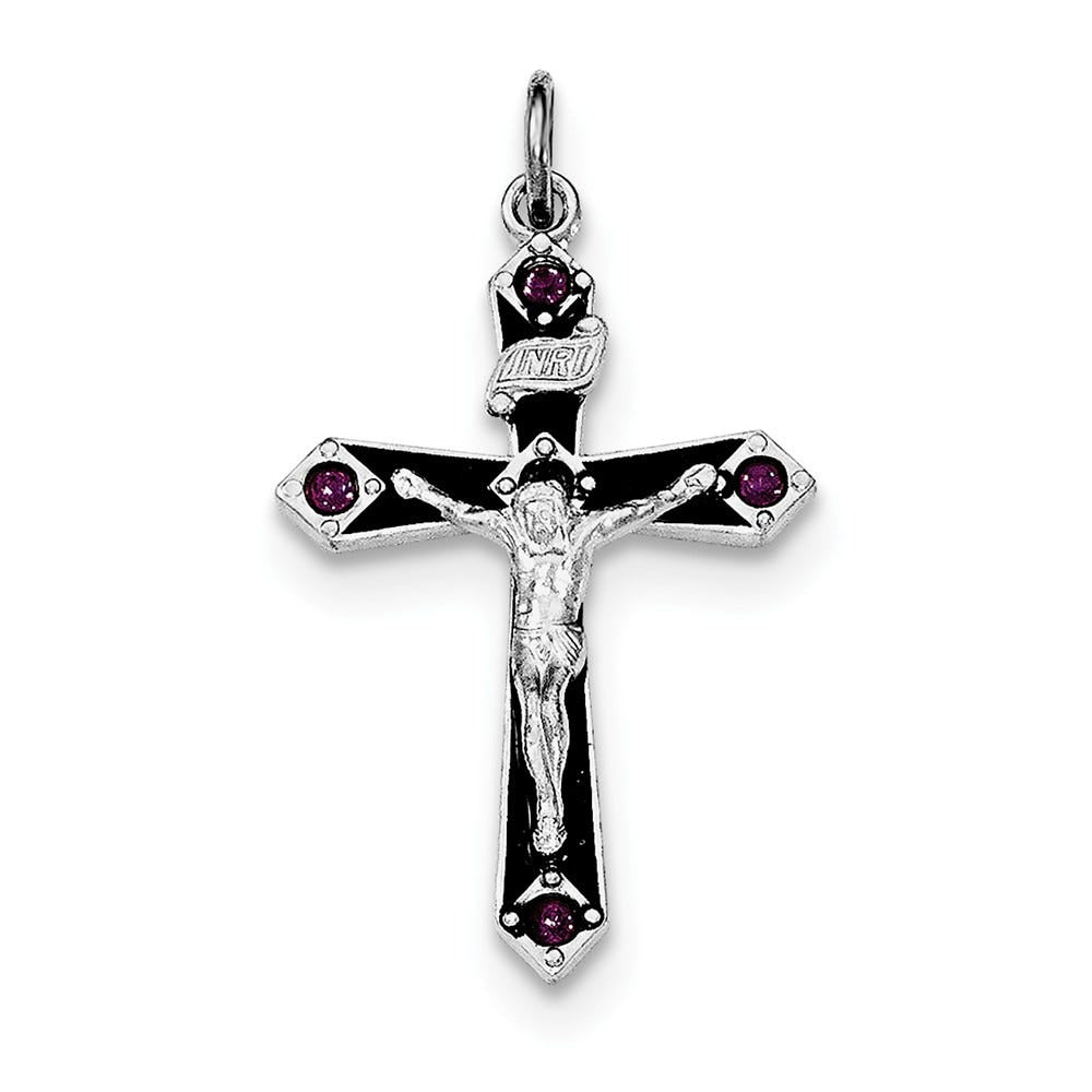 Sterling Silver Rhodium-plated Black Epxy Purple CZ INRI Cross Pendant