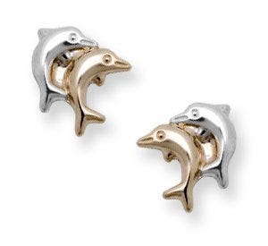 14KTwo Tone Gold Dolphins Children Post Earrings
