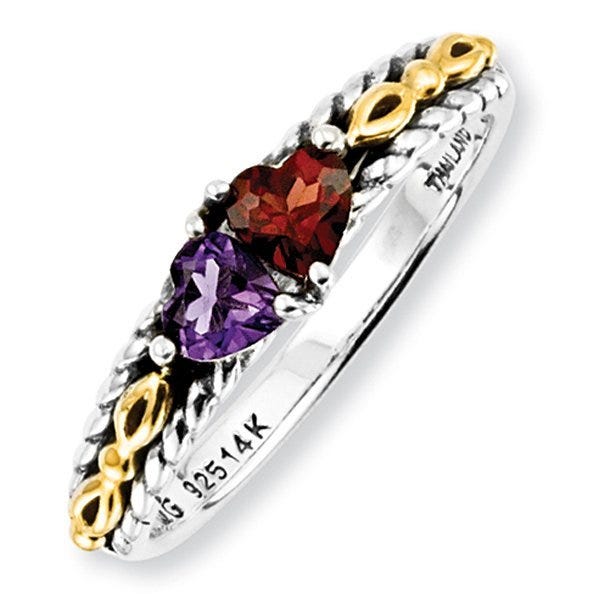Sterling Silver & 14k Gold Antiqued Mother's Ring w/ Two Heart Stones