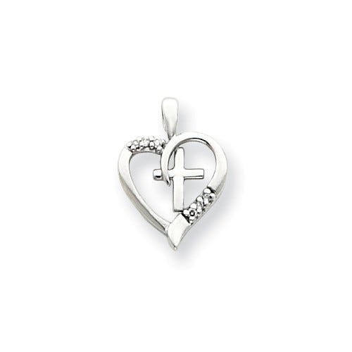 14k White Gold AA Diamond Heart & Cross Pendant