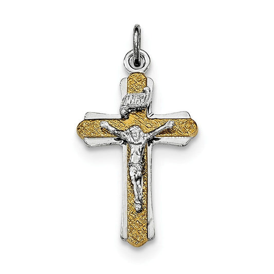 Sterling Silver Rhodium-plated & Gold-tone INRI Crucifix Cross Pendant