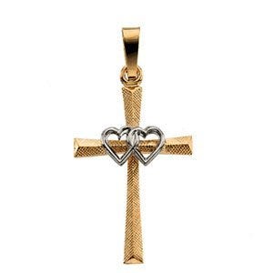 14K TWO TONE GOLD CROSS PENDANT W/DOUBLE HEARTS