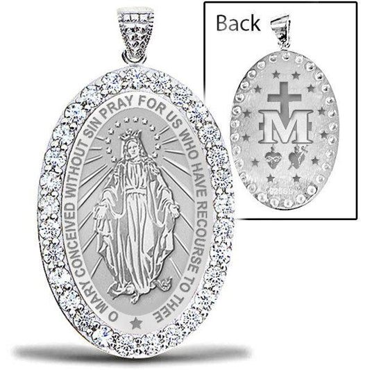 Miraculous Medal "EXCLUSIVE" Double Sided CZ Oval Pendant