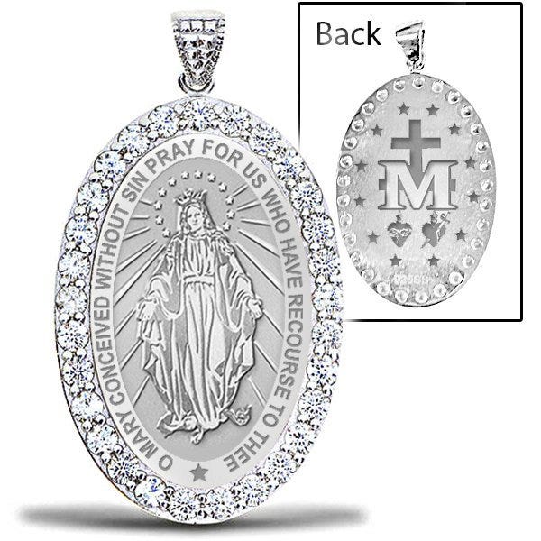 Miraculous Medal "EXCLUSIVE" Double Sided CZ Oval Pendant