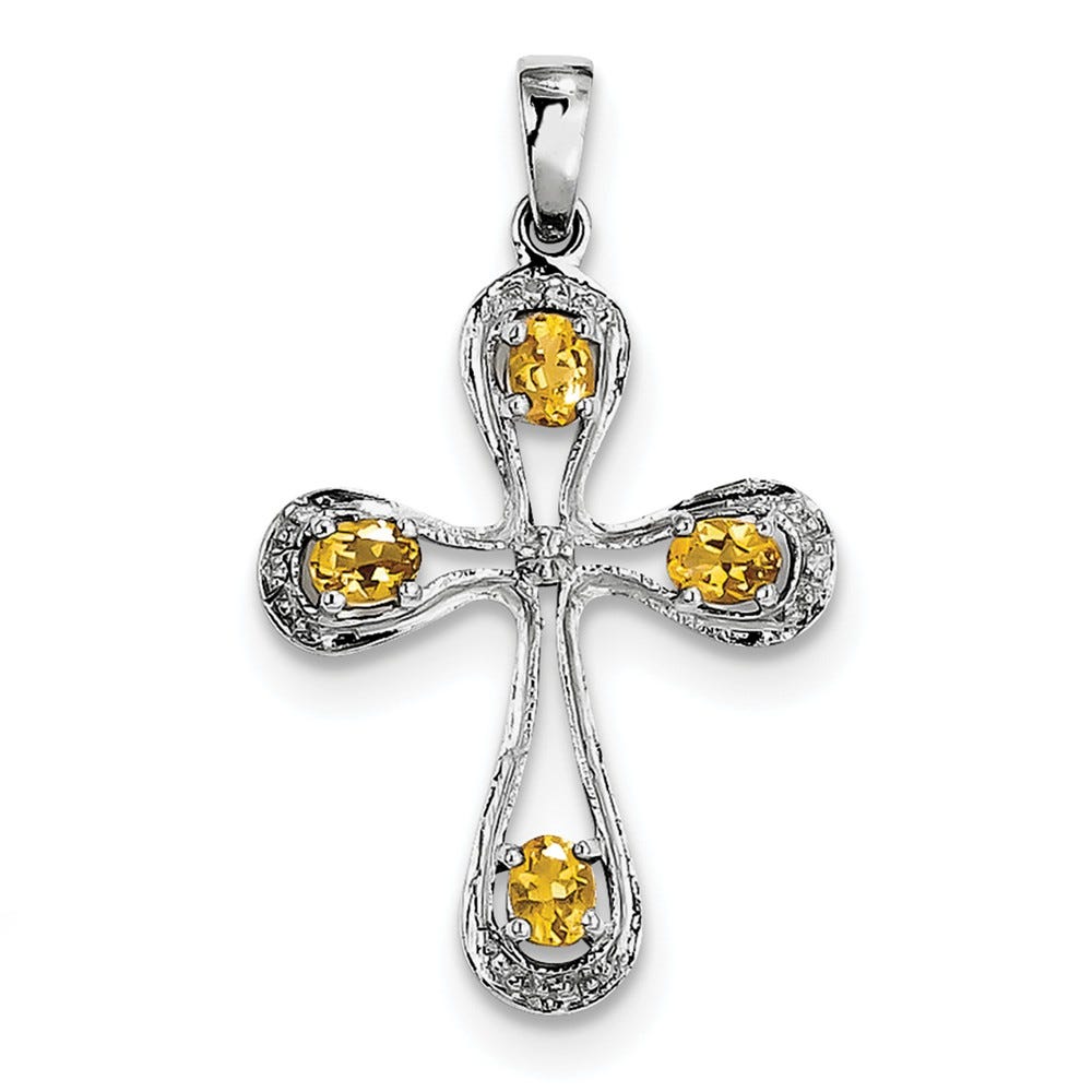 Sterling Silver Rhodium Citrine & Diamond Cross Pendant